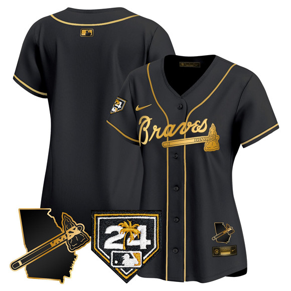 Women's Atlanta Braves Blank Black Gold 2024 Spring Training & Georgia Patch Vapor Limited Stitched Baseball Jersey(Run Small) Women's Atlanta Braves Blank Black Gold 2024 Spring Training & Georgia Patch Vapor Limited Stitched Baseball Jersey(Run Small)