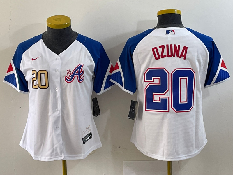 Women's Atlanta Braves #20 Marcell Ozuna White 2023 City Connect Stitched Baseball Jersey(Run Small) 1 Women's Atlanta Braves #20 Marcell Ozuna White 2023 City Connect Stitched Baseball Jersey(Run Small) 1