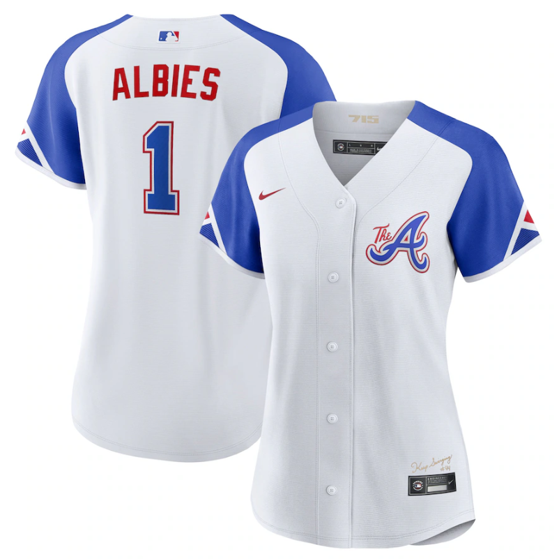 Women's Atlanta Braves #1 Ozzie Albies White 2023 City Connect Stitched Baseball Jersey(Run Small) Women's Atlanta Braves #1 Ozzie Albies White 2023 City Connect Stitched Baseball Jersey(Run Small)