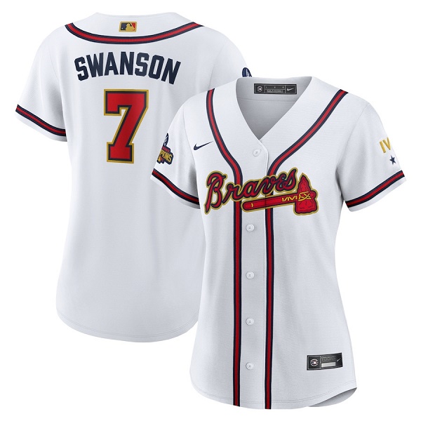 Women's Atlanta Braves #7 Dansby Swanson 2022 White Gold World Series Champions Program Stitched Jersey(Run Small) Women's Atlanta Braves #7 Dansby Swanson 2022 White Gold World Series Champions Program Stitched Jersey(Run Small)