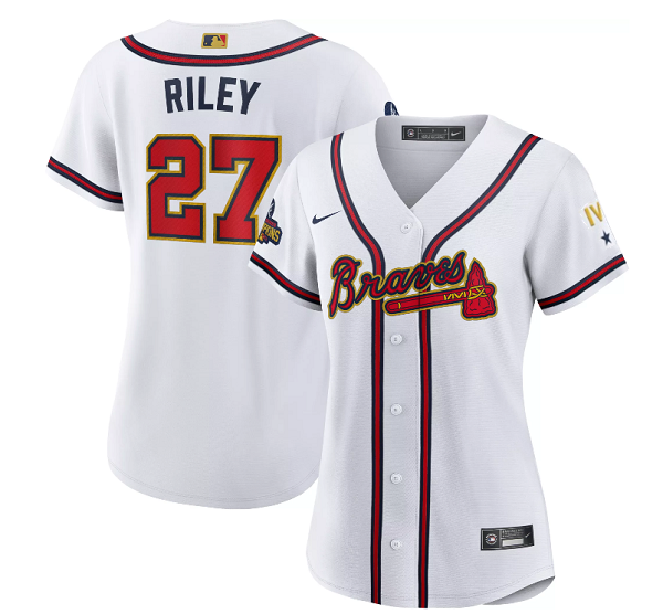 Women's Atlanta Braves #27 Austin Riley 2022 White Gold World Series Champions Program Stitched Jersey(Run Small) Women's Atlanta Braves #27 Austin Riley 2022 White Gold World Series Champions Program Stitched Jersey(Run Small)