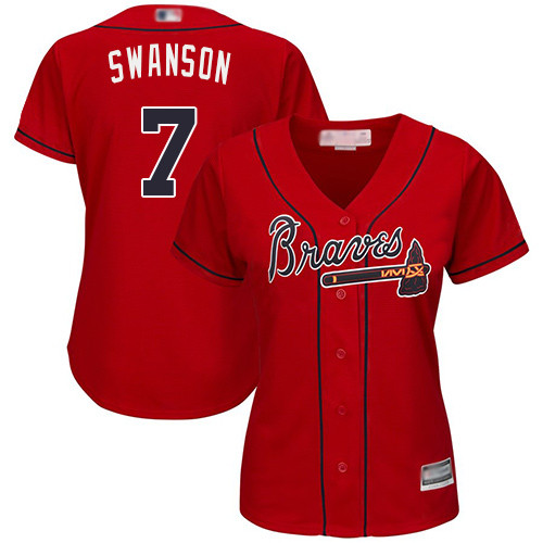 Braves #7 Dansby Swanson Red Alternate Women's Stitched Baseball Jersey Braves #7 Dansby Swanson Red Alternate Women's Stitched Baseball Jersey