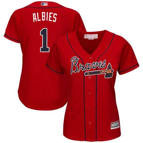 Braves #1 Ozzie Albies Red Alternate Women's Stitched Baseball Jersey Braves #1 Ozzie Albies Red Alternate Women's Stitched Baseball Jersey