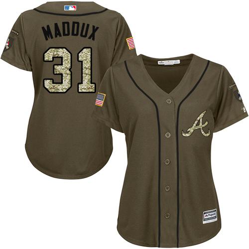 Braves #31 Greg Maddux Green Salute to Service Women's Stitched MLB Jersey Braves #31 Greg Maddux Green Salute to Service Women's Stitched MLB Jersey