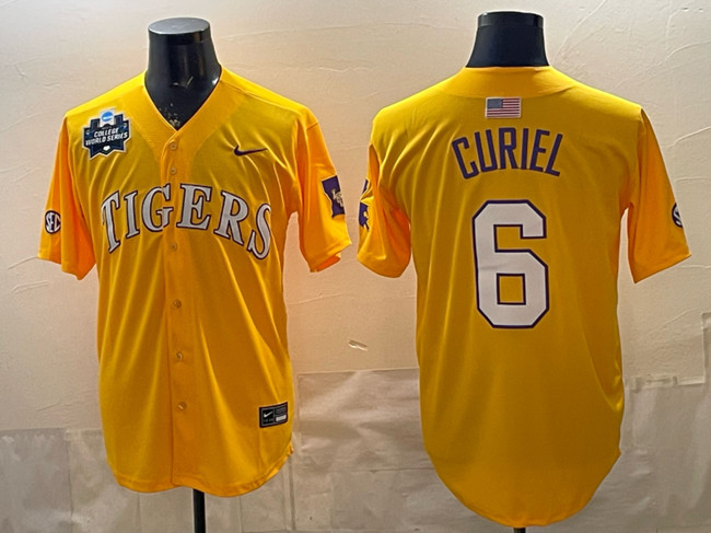 Men's LSU Tigers #6 Derek Curiel Gold 2025 World Series & SEC Patch Stitched Baseball Jersey Men's LSU Tigers #6 Derek Curiel Gold 2025 World Series & SEC Patch Stitched Baseball Jersey