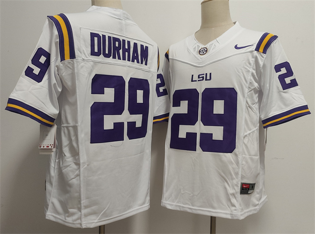 Men's LSU Tigers #29 Caden Durham White F.U.S.E. Stitched Jersey Men's LSU Tigers #29 Caden Durham White F.U.S.E. Stitched Jersey