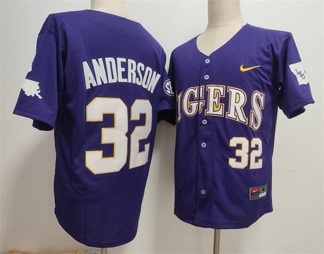 Men's LSU Tigers #32 Kade Anderson Purple 2025 Stitched Baseball Jersey Men's LSU Tigers #32 Kade Anderson Purple 2025 Stitched Baseball Jersey