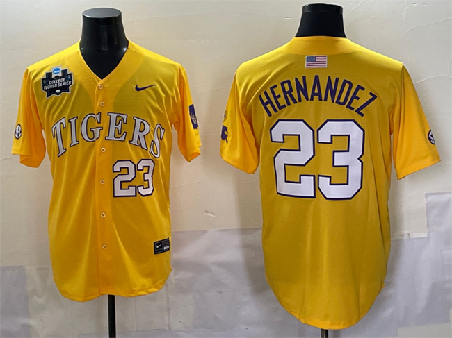 Men's LSU Tigers #23 Luis Hernandez Gold 2025 World Series & SEC Patch Stitched Baseball Jersey Men's LSU Tigers #23 Luis Hernandez Gold 2025 World Series & SEC Patch Stitched Baseball Jersey