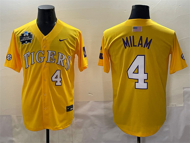 Men's LSU Tigers #4 Steven Milam Gold 2025 World Series & SEC Patch Stitched Baseball Jersey Men's LSU Tigers #4 Steven Milam Gold 2025 World Series & SEC Patch Stitched Baseball Jersey