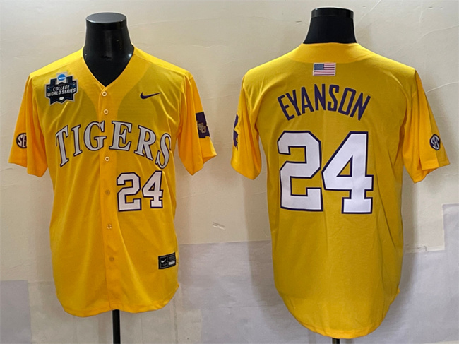 Men's LSU Tigers #24 Anthony Eyanson Gold 2025 World Series & SEC Patch Stitched Baseball Jersey Men's LSU Tigers #24 Anthony Eyanson Gold 2025 World Series & SEC Patch Stitched Baseball Jersey