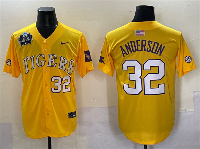 Men's LSU Tigers #32 Kade Anderson Gold 2025 World Series & SEC Patch Stitched Baseball Jersey Men's LSU Tigers #32 Kade Anderson Gold 2025 World Series & SEC Patch Stitched Baseball Jersey