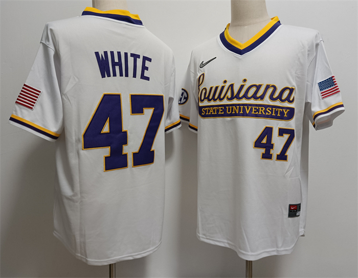 Men's LSU Tigers #47 Tommy White White Stitched Jersey Men's LSU Tigers #47 Tommy White White Stitched Jersey