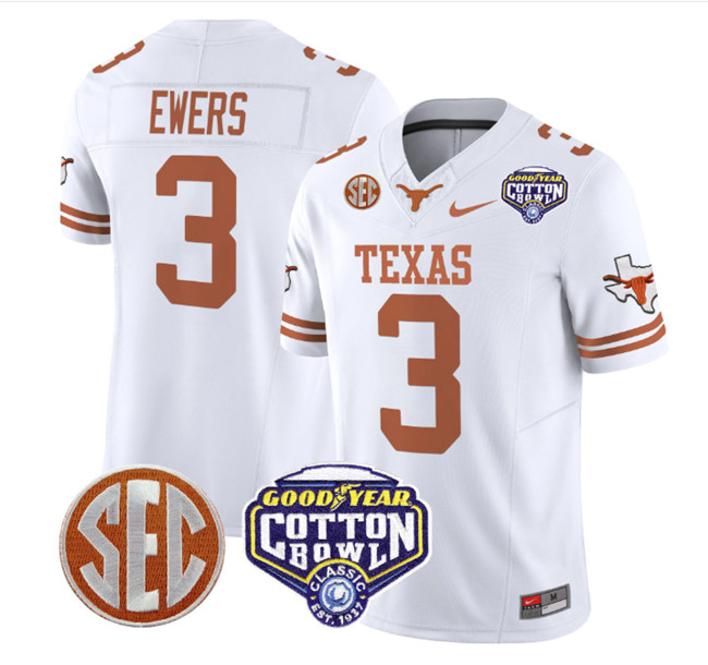 Men's Texas Longhorns #3 Quinn Ewers White F.U.S.E. Cotton Bowl Patch Vapor Limited Stitched Jersey Men's Texas Longhorns #3 Quinn Ewers White F.U.S.E. Cotton Bowl Patch Vapor Limited Stitched Jersey