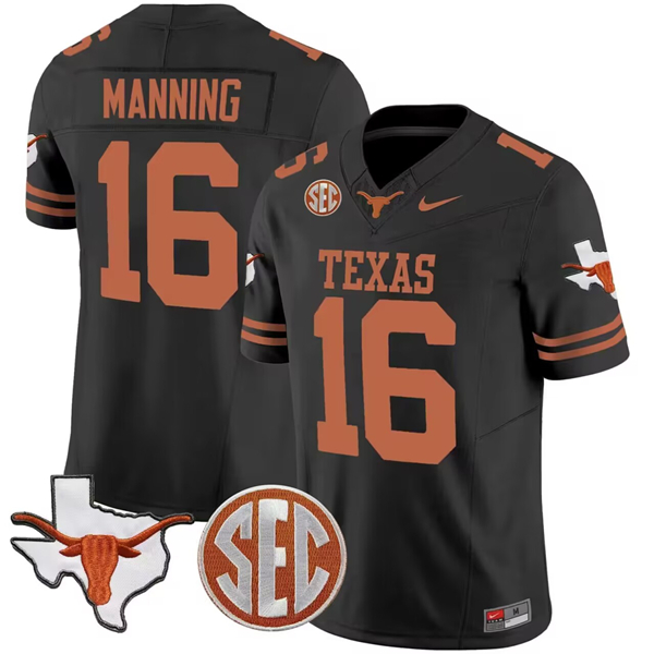 Men's Texas Longhorns #16 Arch Manning Black F.U.S.E. State Map & SEC Patch Stitched Jersey Men's Texas Longhorns #16 Arch Manning Black F.U.S.E. State Map & SEC Patch Stitched Jersey