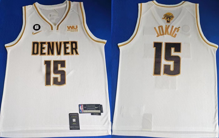Men's Denver Nuggets #15 Nikola Jokic White With NO.6 Patch Stitched Jersey Men's Denver Nuggets #15 Nikola Jokic White With NO.6 Patch Stitched Jersey