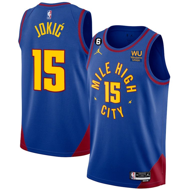 Men's Denver Nuggets #15 Nikola Jokic Blue 2022 23 Statement Edition With NO.6 Patch Stitched Jersey Men's Denver Nuggets #15 Nikola Jokic Blue 2022 23 Statement Edition With NO.6 Patch Stitched Jersey