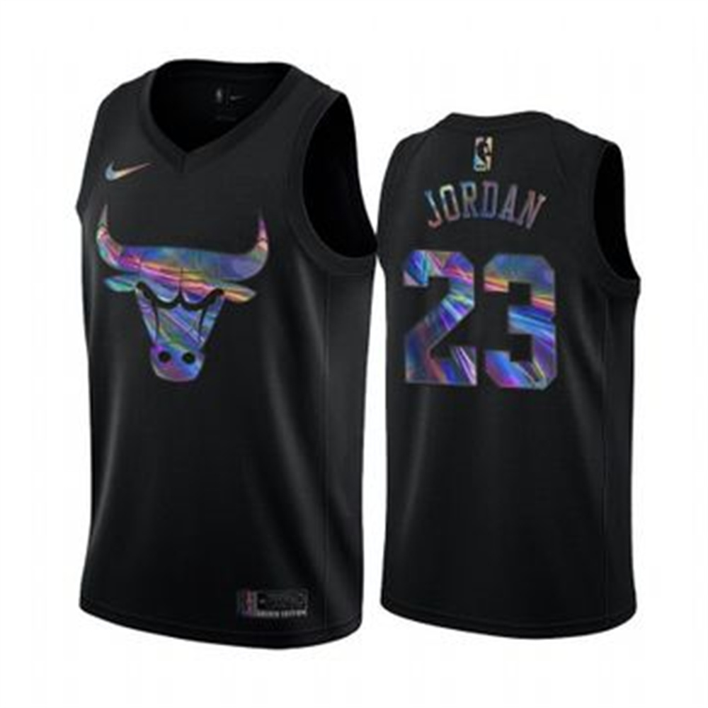 Nike Bulls #23 Michael Jordan Men's Iridescent Holographic Collection NBA Jersey - Black Nike Bulls #23 Michael Jordan Men's Iridescent Holographic Collection NBA Jersey - Black