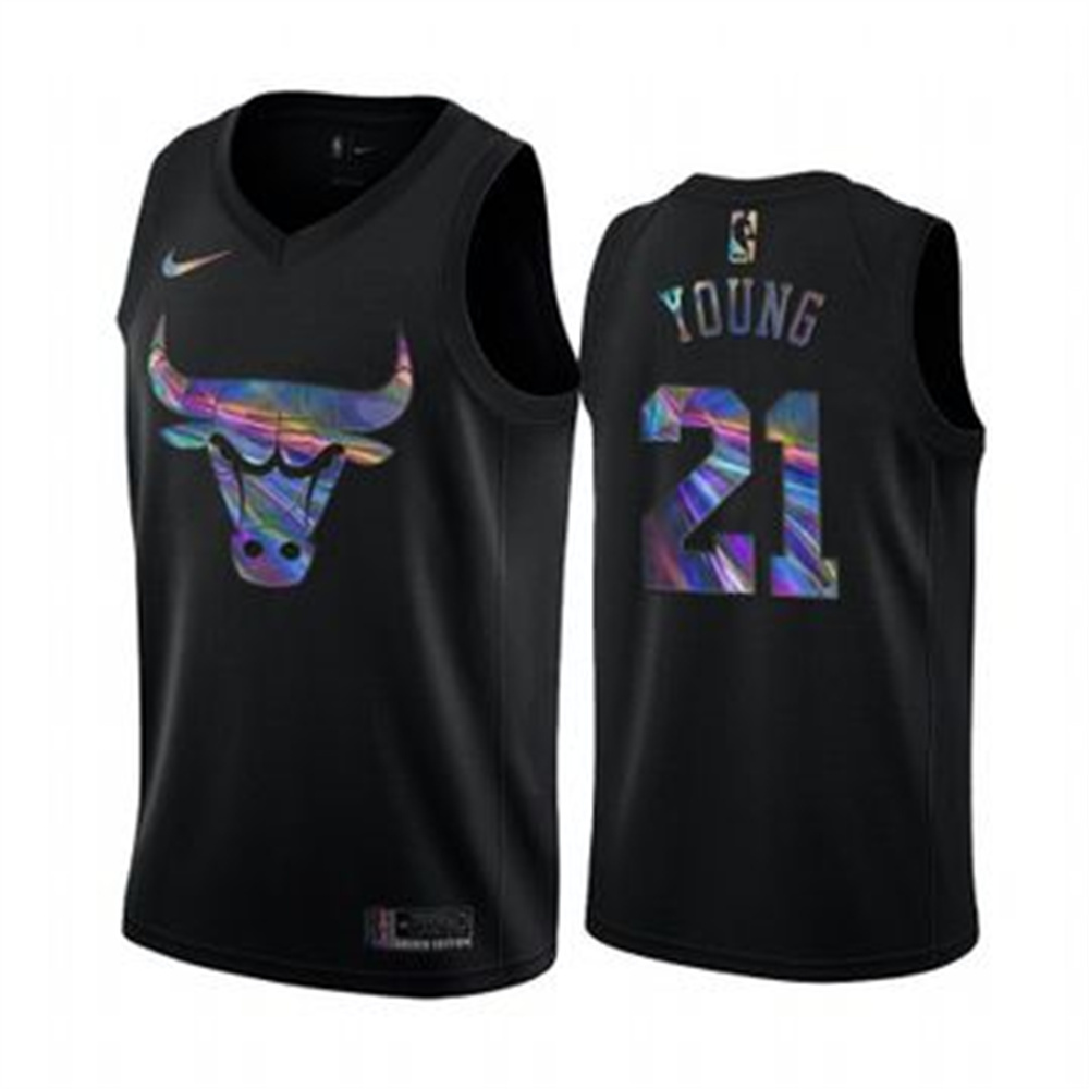 Nike Bulls #21 Thaddeus Young Men's Iridescent Holographic Collection NBA Jersey - Black Nike Bulls #21 Thaddeus Young Men's Iridescent Holographic Collection NBA Jersey - Black