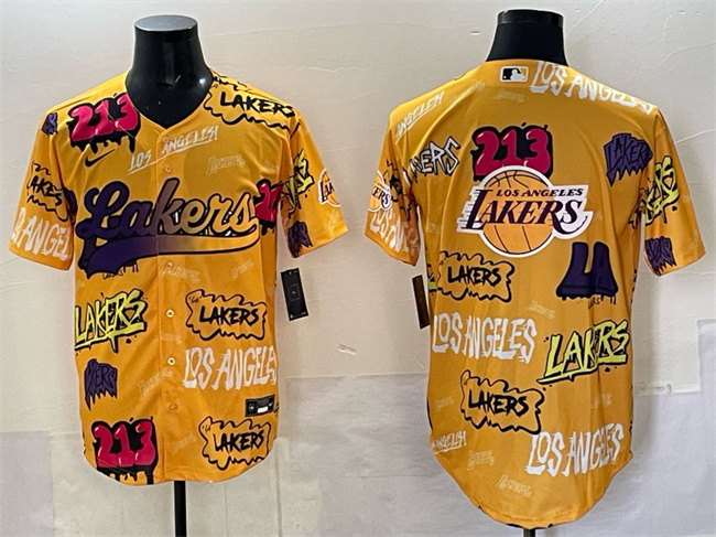 Men's Los Angeles Lakers Team Big Logo Yellow Limited Stitched Baseball Jersey 2