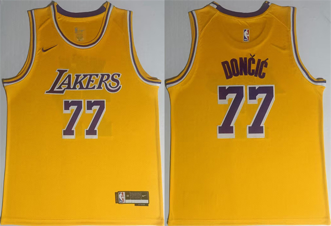 Men's Los Angeles Lakers #77 Luka Don?i? Yellow 2025 Stitched Basketball Jersey Men's Los Angeles Lakers #77 Luka Don?i? Yellow 2025 Stitched Basketball Jersey