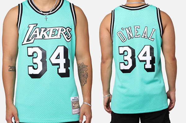 Men's Los Angeles Lakers #34 Shaquille O'Neal ' Aqua 96-97 Swingman Stitched Basketball Jersey Men's Los Angeles Lakers #34 Shaquille O'Neal ' Aqua 96-97 Swingman Stitched Basketball Jersey