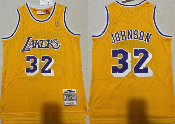 Men's Los Angeles Lakers #32 Magic Johnson Yellow Throwback Basketball Jersey Men's Los Angeles Lakers #32 Magic Johnson Yellow Throwback Basketball Jersey