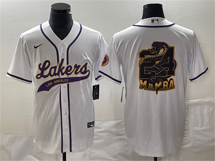Men's Los Angeles Lakers White #24 Mamba Big Logo Cool Base Stitched Baseball Jersey Men's Los Angeles Lakers White #24 Mamba Big Logo Cool Base Stitched Baseball Jersey
