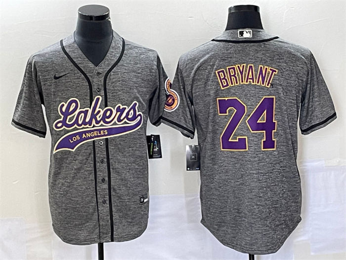 Men's Los Angeles Lakers #24 Kobe Bryant Gray Cool Base With Patch Stitched Baseball Jersey Men's Los Angeles Lakers #24 Kobe Bryant Gray Cool Base With Patch Stitched Baseball Jersey