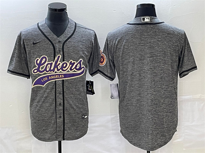 Men's Los Angeles Lakers Blank Gray Cool Base With Patch Stitched Baseball Jersey Men's Los Angeles Lakers Blank Gray Cool Base With Patch Stitched Baseball Jersey