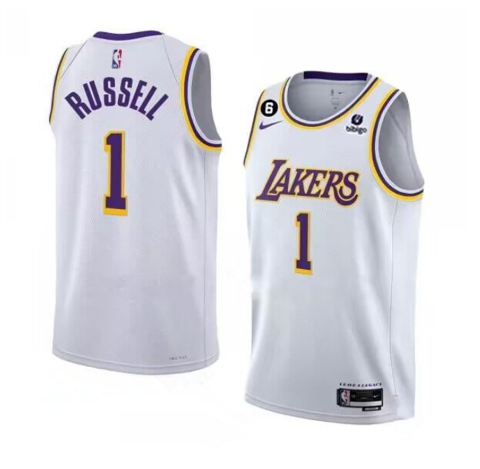Men's Los Angeles Lakers #1 D’Angelo Russell 2022-23 White With NO.6 Patch Association Edition With NO.6 Patch Stitched Basketball Jersey Men's Los Angeles Lakers #1 D’Angelo Russell 2022-23 White With NO.6 Patch Association Edition With NO.6 Patch Stitched Basketball Jersey