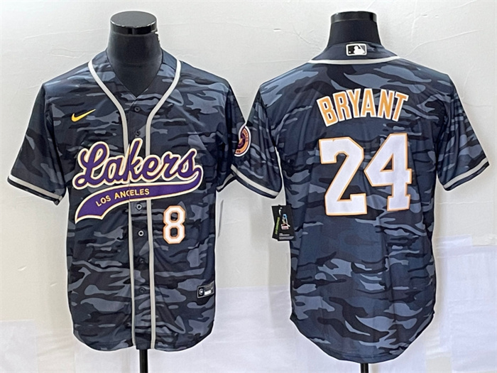 Men's Los Angeles Lakers Front #8 Back #24 Kobe Bryant Gray Camo Cool Base With Patch Stitched Baseball Jersey Men's Los Angeles Lakers Front #8 Back #24 Kobe Bryant Gray Camo Cool Base With Patch Stitched Baseball Jersey