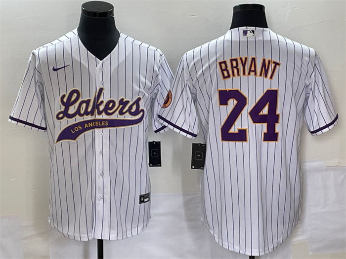 Men's Los Angeles Lakers #24 Kobe Bryant White Cool Base With Patch Stitched Baseball Jersey Men's Los Angeles Lakers #24 Kobe Bryant White Cool Base With Patch Stitched Baseball Jersey