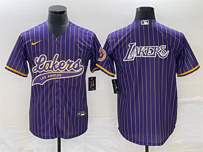 Men's Los Angeles Lakers Team Big Logo Purple Cool Base With Patch Stitched Baseball Jersey Men's Los Angeles Lakers Team Big Logo Purple Cool Base With Patch Stitched Baseball Jersey