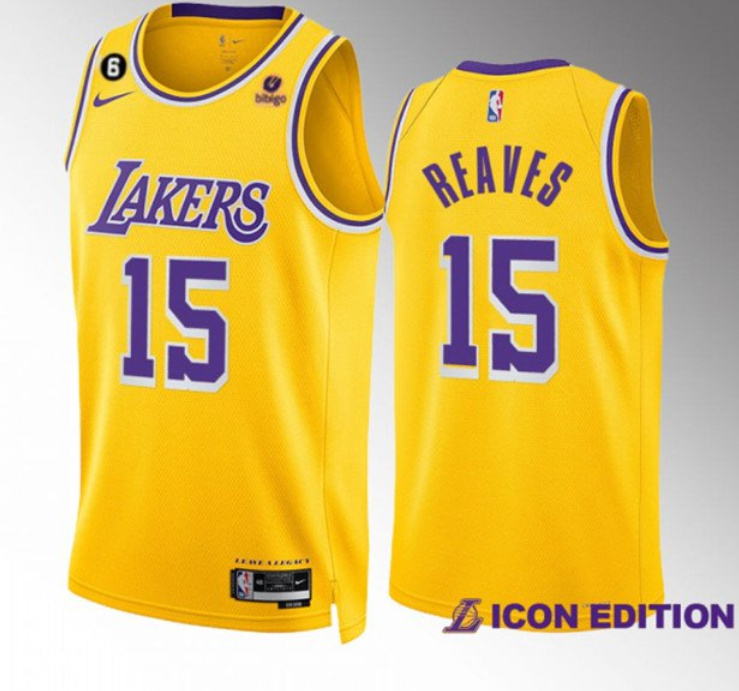 Men's Los Angeles Lakers #15 Austin Reaves Yellow Icon Edition With NO.6 Patch Stitched Basketball Jersey Men's Los Angeles Lakers #15 Austin Reaves Yellow Icon Edition With NO.6 Patch Stitched Basketball Jersey
