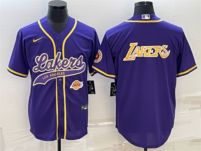 Men's Los Angeles Lakers Purple Big Logo With Patch Cool Base Stitched Baseball JerseyS Men's Los Angeles Lakers Purple Big Logo With Patch Cool Base Stitched Baseball JerseyS