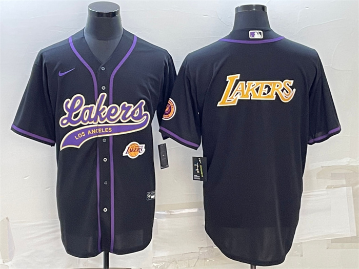 Men's Los Angeles Lakers Black Big Logo With Patch Cool Base Stitched Baseball JerseyS Men's Los Angeles Lakers Black Big Logo With Patch Cool Base Stitched Baseball JerseyS