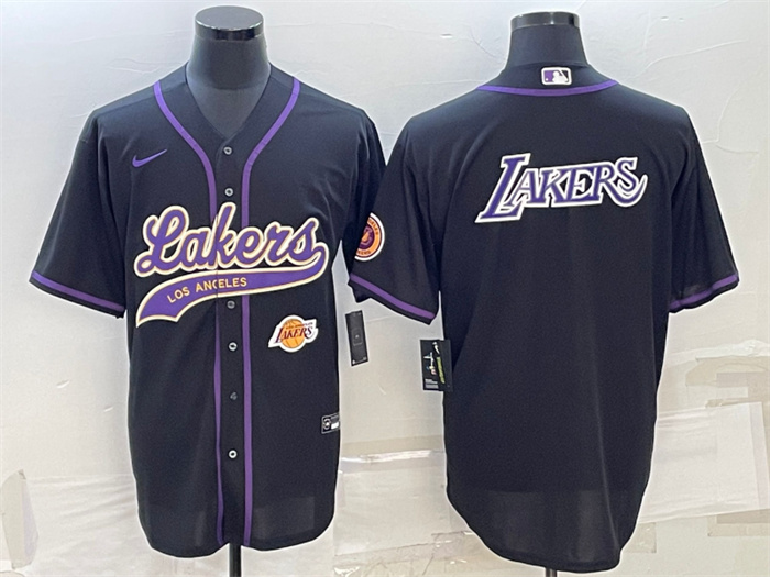 Men's Los Angeles Lakers Black Big Logo With Patch Cool Base Stitched Baseball Jersey Men's Los Angeles Lakers Black Big Logo With Patch Cool Base Stitched Baseball Jersey