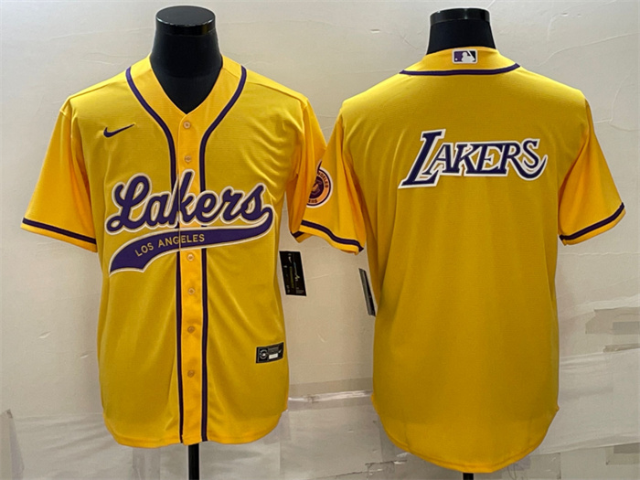 Men's Los Angeles Lakers Yellow Big Logo Cool Base Stitched Baseball JerseyS Men's Los Angeles Lakers Yellow Big Logo Cool Base Stitched Baseball JerseyS