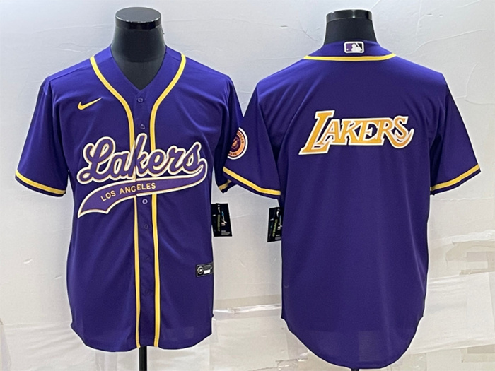 Men's Los Angeles Lakers Purple Big Logo Cool Base Stitched Baseball JerseyS Men's Los Angeles Lakers Purple Big Logo Cool Base Stitched Baseball JerseyS
