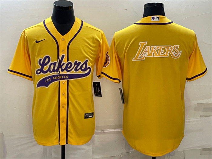 Men's Los Angeles Lakers Yellow Big Logo Cool Base Stitched Baseball Jersey Men's Los Angeles Lakers Yellow Big Logo Cool Base Stitched Baseball Jersey