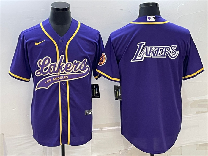 Men's Los Angeles Lakers Purple Big Logo Cool Base Stitched Baseball Jersey Men's Los Angeles Lakers Purple Big Logo Cool Base Stitched Baseball Jersey
