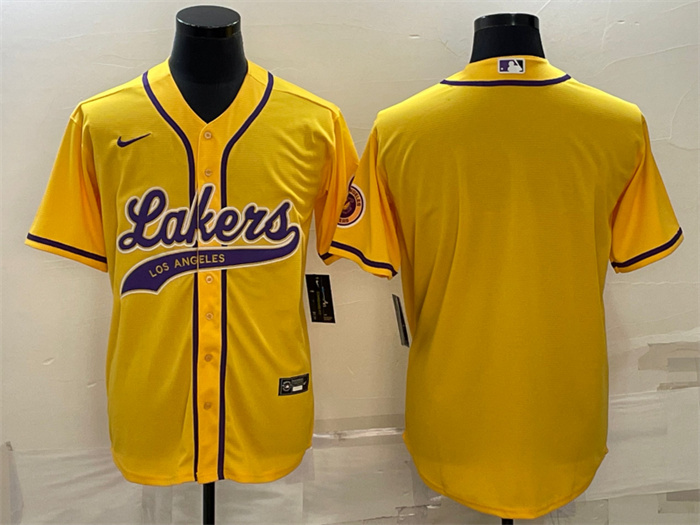 Men's Los Angeles Lakers Blank Yellow Cool Base Stitched Baseball Jersey Men's Los Angeles Lakers Blank Yellow Cool Base Stitched Baseball Jersey