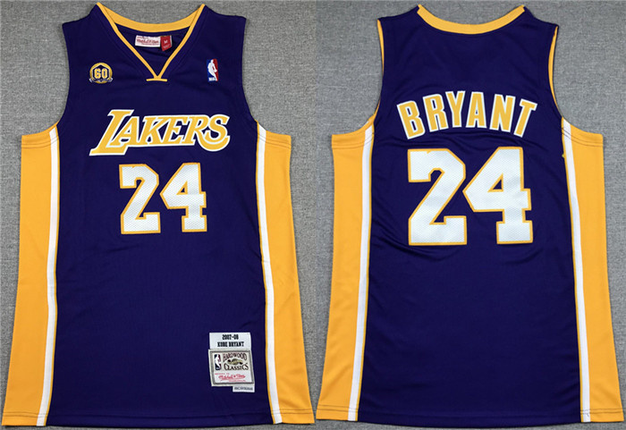 Men's Los Angeles Lakers #24 Kobe Bryant Purple 60th Anniversary Throwback Basketball Jersey Men's Los Angeles Lakers #24 Kobe Bryant Purple 60th Anniversary Throwback Basketball Jersey