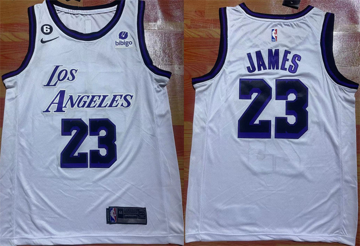 Men's Los Angeles Lakers #23 LeBron James 2022 23 White With NO.6 Patch Stitched Basketball Jersey Men's Los Angeles Lakers #23 LeBron James 2022 23 White With NO.6 Patch Stitched Basketball Jersey