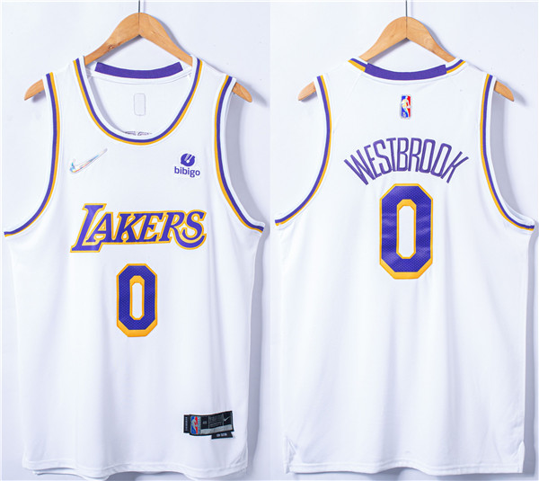 Men's Los Angeles Lakers #0 Russell Westbrook 75th Anniversary Bibigo White Stitched Basketball Jersey Men's Los Angeles Lakers #0 Russell Westbrook 75th Anniversary Bibigo White Stitched Basketball Jersey