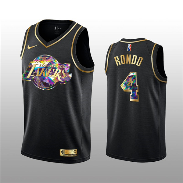 Men's Los Angeles Lakers #4 Rajon Rondo 2021 22 Black Golden Edition 75th Anniversary Diamond Logo Stitched Basketball Jersey Men's Los Angeles Lakers #4 Rajon Rondo 2021 22 Black Golden Edition 75th Anniversary Diamond Logo Stitched Basketball Jersey