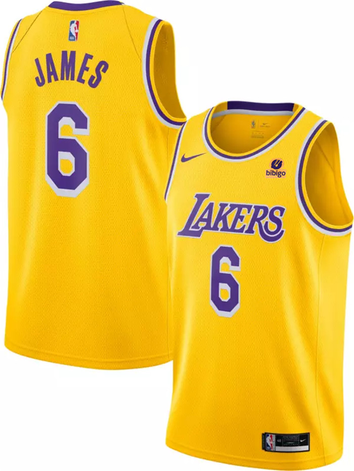 Men's Los Angeles Lakers #6 LeBron James Bibigo Yellow Stitched Basketball Jersey Men's Los Angeles Lakers #6 LeBron James Bibigo Yellow Stitched Basketball Jersey