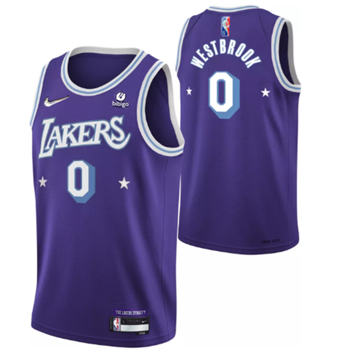 Men's Los Angeles Lakers #0 Russell Westbrook Purple 2021 City Edition 75th Anniversary Stitched Jersey Men's Los Angeles Lakers #0 Russell Westbrook Purple 2021 City Edition 75th Anniversary Stitched Jersey