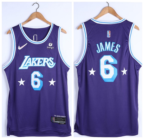 Men's Los Angeles Lakers #6 LeBron James Bibigo Purple 75th Anniversary City Edition Stitched Jersey Men's Los Angeles Lakers #6 LeBron James Bibigo Purple 75th Anniversary City Edition Stitched Jersey