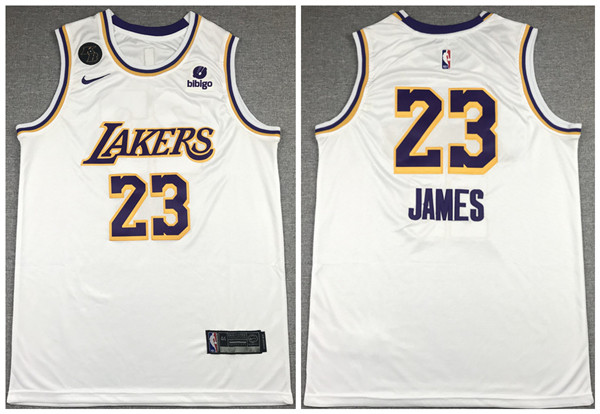 Men's Los Angeles Lakers #23 LeBron James Bibigo White With KB Patch Stitched Jersey Men's Los Angeles Lakers #23 LeBron James Bibigo White With KB Patch Stitched Jersey